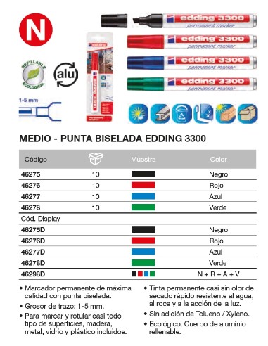 Rotulador de tinta permanente "EDDING 3300". Medio-Punta biselada  AZUL