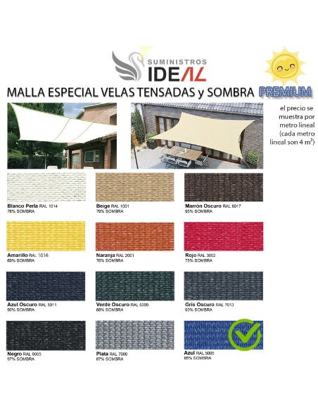 MALLA ESPECIAL VELAS TENSADAS DE SOMBRA PREMIUM 4 M ANCHO -  COLOR AZUL - PRECIO METRO LINEAL