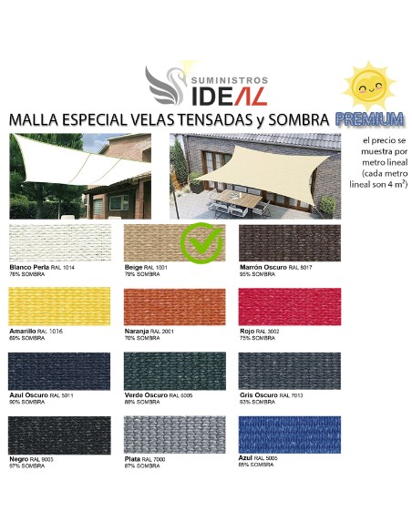 MALLA ESPECIAL VELAS TENSADAS DE SOMBRA PREMIUM 4 M ANCHO - COLOR BEIGE - PRECIO METRO LINEAL