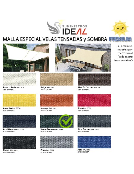 MALLA ESPECIAL VELAS TENSADAS DE SOMBRA PREMIUM 4 M ANCHO- COLOR VERDE OSCURO - PRECIO  METRO LINEAL