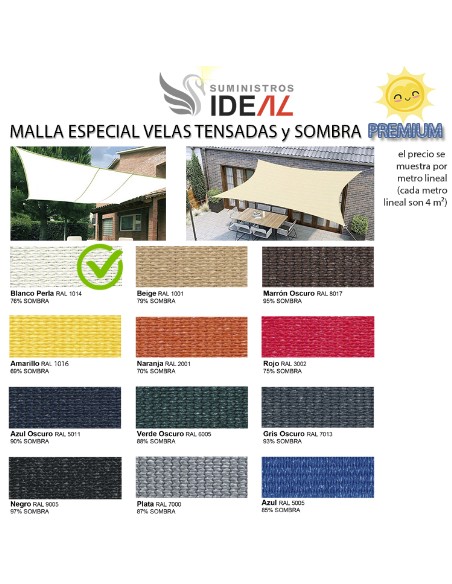 MALLA ESPECIAL VELAS TENSADAS DE SOMBRA PREMIUM 4 M ANCHO -  COLOR BLANCO PERLA - PRECIO METRO LINEAL
