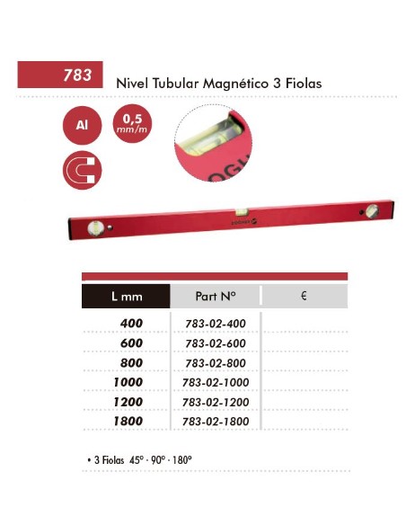 NIVEL TUBULAR MAGNETICO ALUMINIO 3 FIOLAS 1800MM