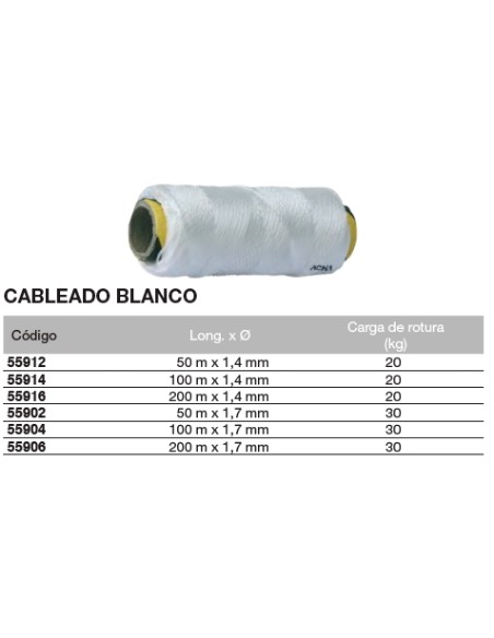 Bobina de cuerda de atirantar de polipropileno cableado BLANCO 50 m. x 1,7mm