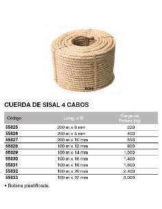 Bobina de cuerda de sisal. 4 Cabos 200 m. x 8mm 2