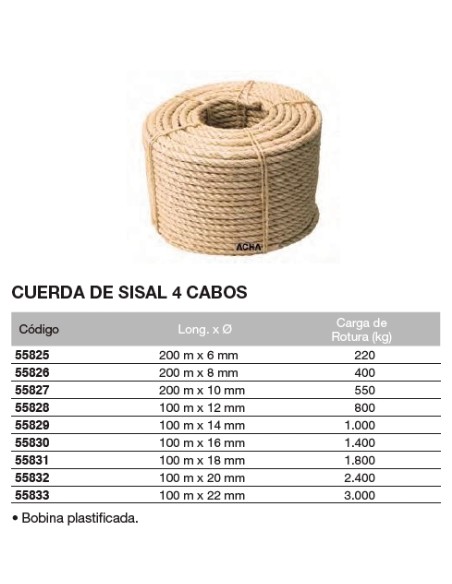 Bobina de cuerda de sisal. 4 Cabos 100 m. x 16mm