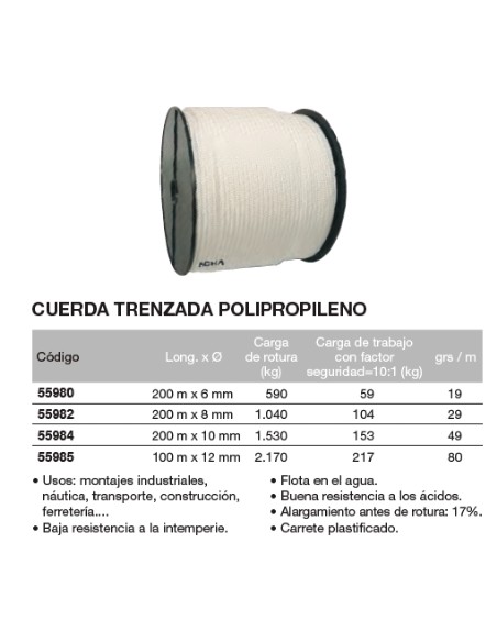 Carrete de cuerda trenzada de polipropileno 200 m. x 6mm