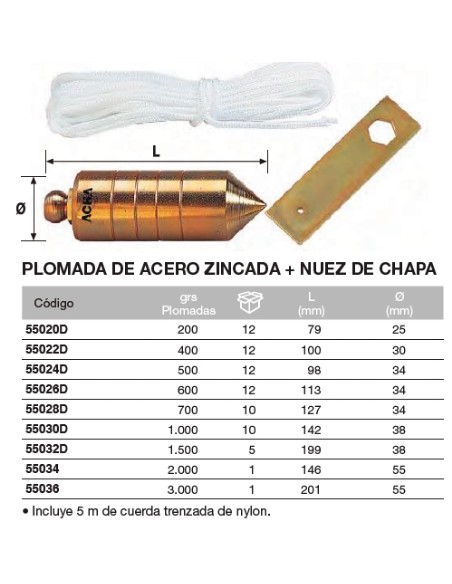 Plomada de acero zincada + Nuez de pletina  600grs