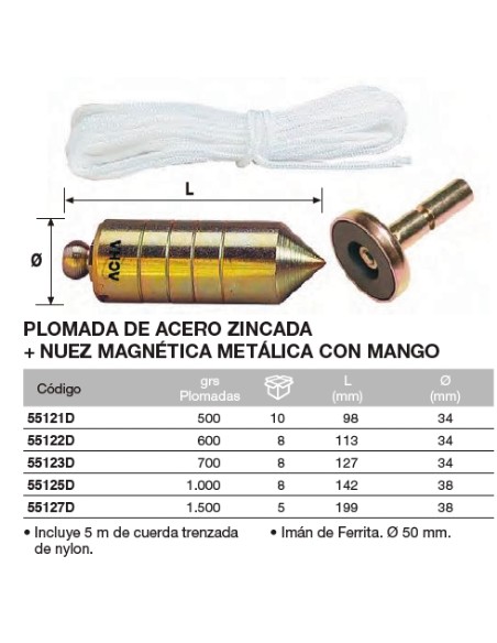 Plomada de acero zincada + Nuez con mango magn