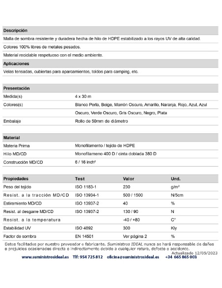 MALLA ESPECIAL VELAS TENSADAS DE SOMBRA PREMIUM 4 M ANCHO -  COLOR GRIS PLATA - PRECIO METRO LINEAL