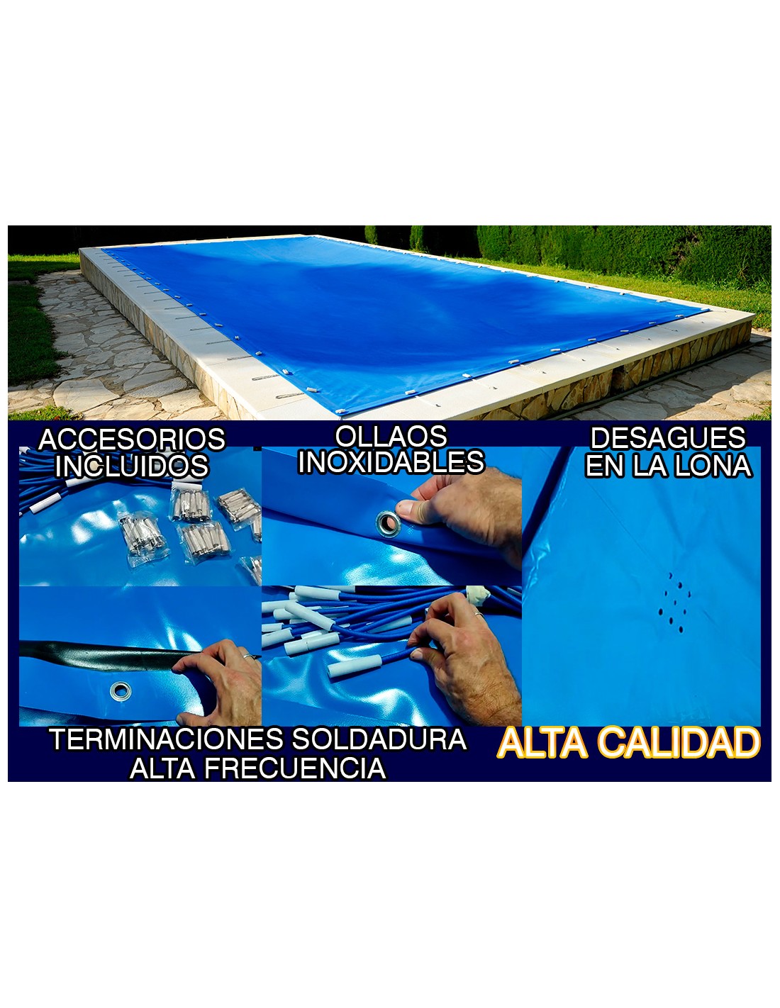 LONA PISCINA DE INVIERNO 5 X 8 METROS AZUL-NEGRA CON OLLAO INOXIDABLE  SOLDADA CON ALTA