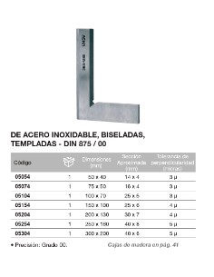 Escuadra DIN 875/00 de acero inox., biselada, templada, lisa 50 x 40mm 2