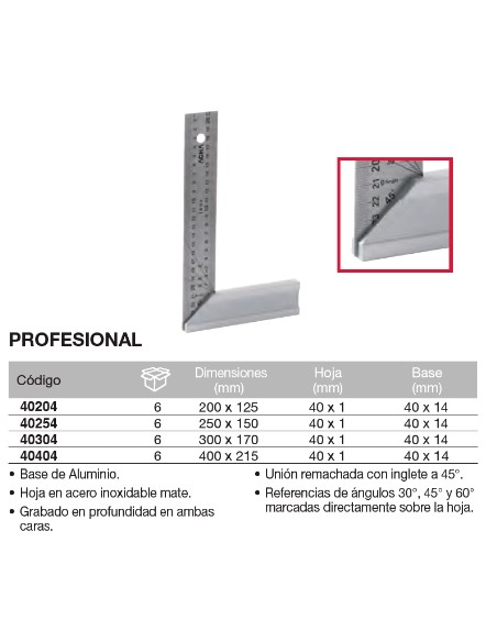 Escuadra de carpintero hoja inox. en mm.  300x170mm