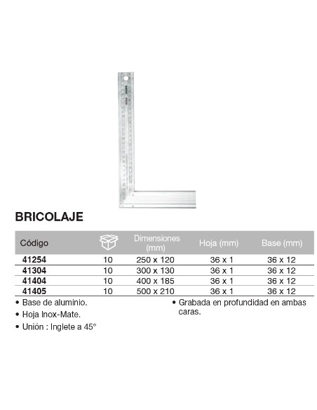 Escuadra de carpintero con base de aluminio y hoja flexible  250 x 120mm