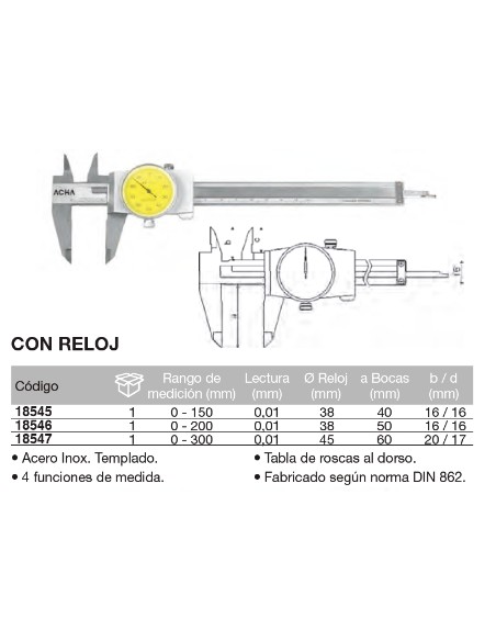 Calibre con reloj 0-200mm/Boca de 50