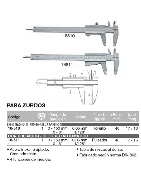 Calibre para zurdos con tornillo de fijaci