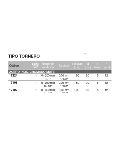 Calibre tipo tornero acero inox. cromado mate 300 x Boca 100