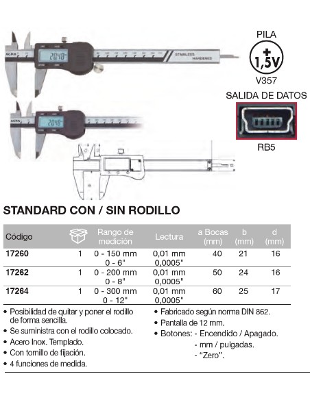 Calibre digital standard con/sin rodillo 0-150mm