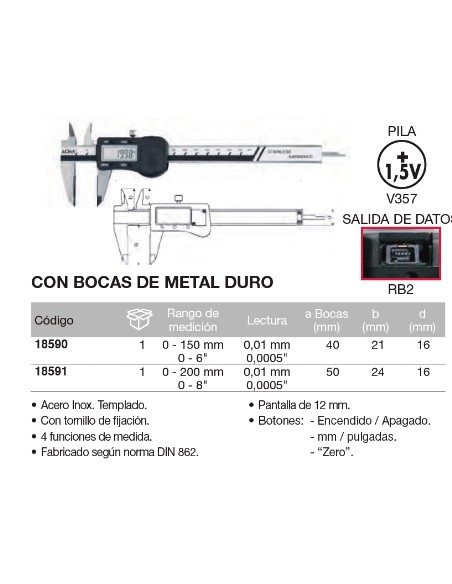 Calibre digital con bocas de metal duro 0-200mm