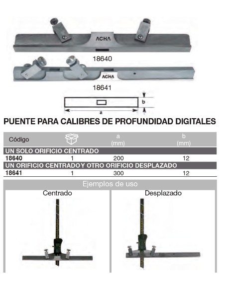 Puente para calibres profundidad digitales. Un solo orificio centrado 200mm