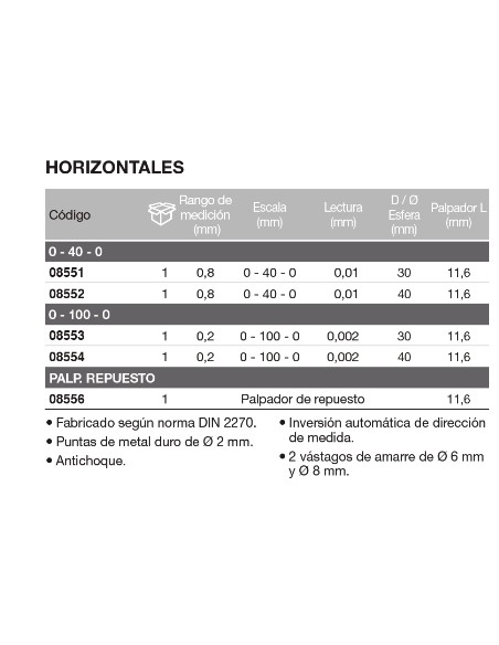 Reloj comparador con palpador orientable 0,2 / 0,002 / 