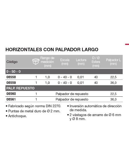Reloj comparador con palpador largo orientable 1/0,01/