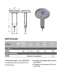 Reloj comparador vertical con palpador orientable 0,8 / 0,01 /  2