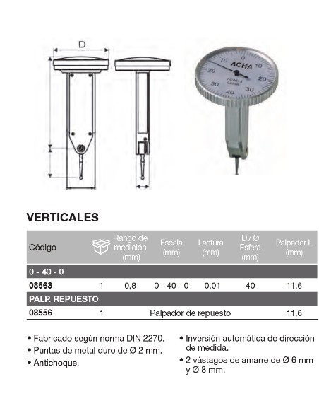 Reloj comparador vertical con palpador orientable 0,8 / 0,01 / 