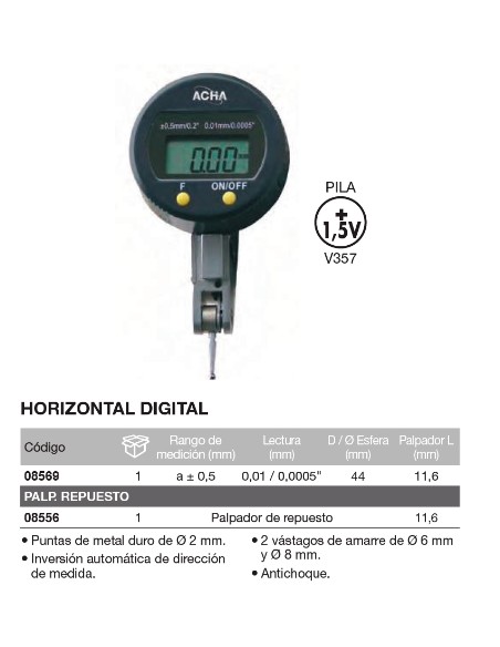 Reloj comparador digital con palpador orientable 0,5 / 0,01 / 