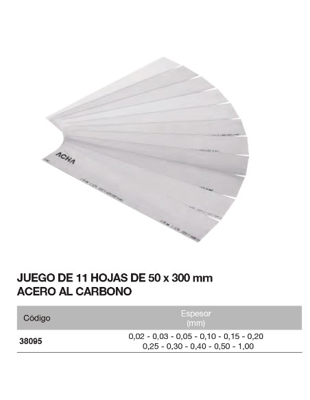 Surtido de 11 hojas calibradas acero 50 x 300mm De 0,02 a 1mm