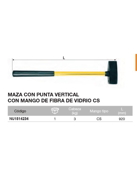Maza con punta vertical, con mango NUPLA CS 3Kg x L=920mm